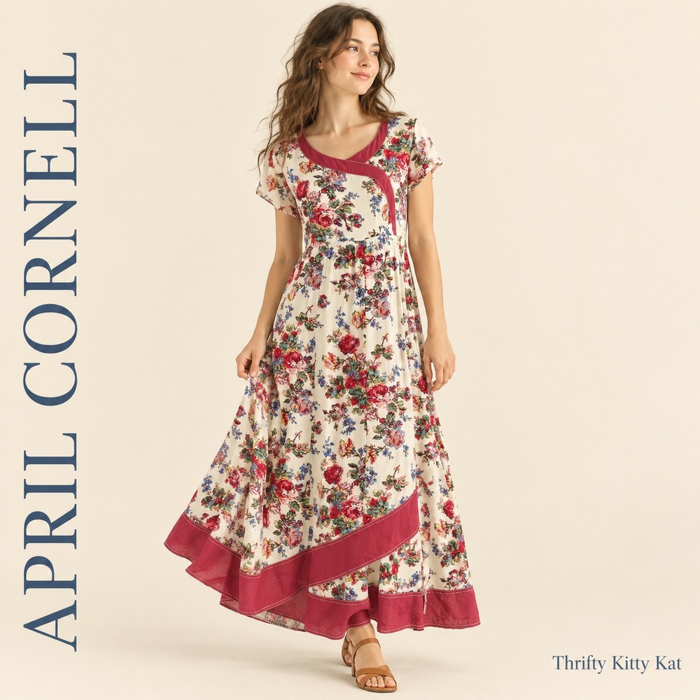 April Cornell Floral Rayon Maxi Dress Asymmetric Neckline Ivory Cottagecore XS